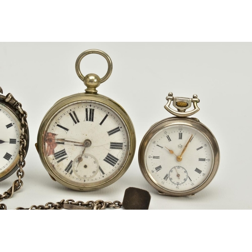 116 - FOUR OPEN FACED POCKET WATCHES AND ALBERT CHAIN, to include a silver 'Limit', white dial, roman nume... 