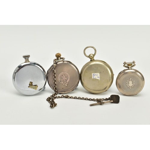 116 - FOUR OPEN FACED POCKET WATCHES AND ALBERT CHAIN, to include a silver 'Limit', white dial, roman nume... 