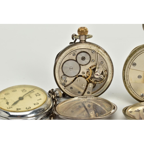 116 - FOUR OPEN FACED POCKET WATCHES AND ALBERT CHAIN, to include a silver 'Limit', white dial, roman nume... 