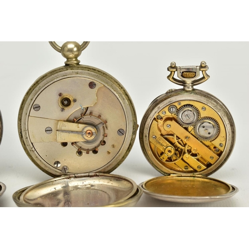 116 - FOUR OPEN FACED POCKET WATCHES AND ALBERT CHAIN, to include a silver 'Limit', white dial, roman nume... 