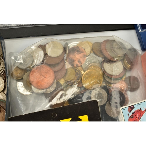 120 - A BOX OF COINS AND COMMEMORATIVES, to include a coin album and small amounts other coinage eg. old o... 