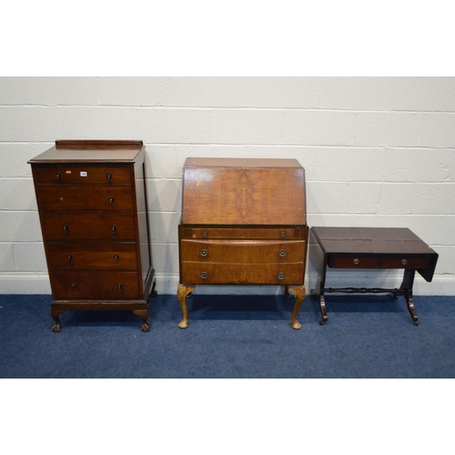 1288 - A TALL EARLY TO MID 20TH CENTURY MAHOGANY CHEST OF FIVE DRAWERS on ball and claw feet, width 57cm x ... 