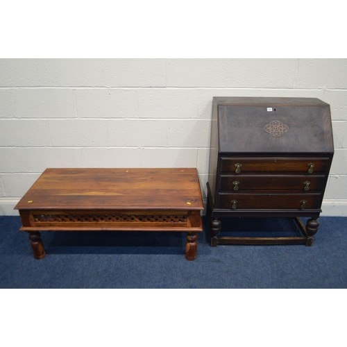 1291 - A MID 20TH CENTURY OAK BUREAU, together with a hardwood coffee table (2)