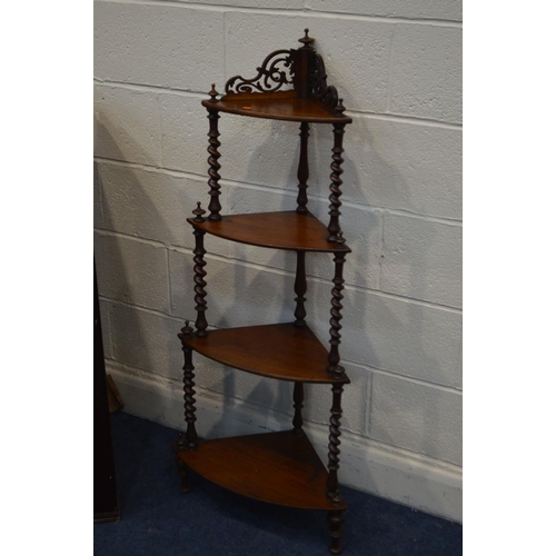 1294 - A VICTORIAN WALNUT BARLEY TWIST FOUR TIER CORNER WHAT- NOT, with a foliate gallery, height 127cm tog... 