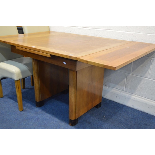 1296 - AN ART DECO WALNUT DRAW LEAF TABLE, on twin legs, extended length 152cm x closed length 99cm x depth... 