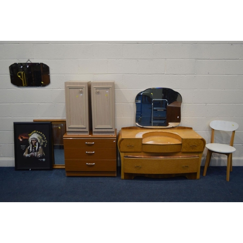 1297 - A MODERN TEAK FINISH CHEST OF THREE DRAWERS, together with a pair of beech finish single door cabine... 