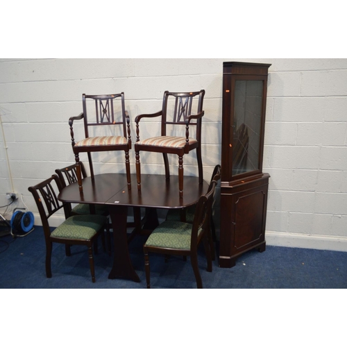 1299 - A MODERN MAHOGANY GATE LEG TABLE, six chairs including two carvers, together with a mahogany corner ... 