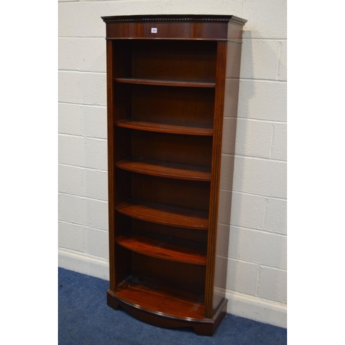 1301 - A MODERN SLIM MAHOGANY BOWFRONT OPEN BOOKCASE with five adjustable shelves, width 78cm x depth 37cm ... 