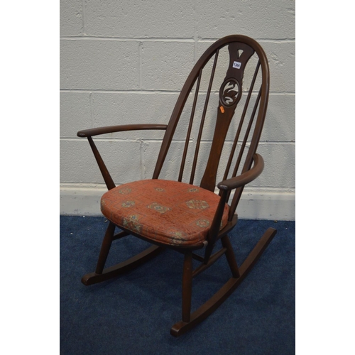 1304 - A DARK ERCOL ASH SWAN BACK WINDSOR ROCKING CHAIR with a removable seat pad