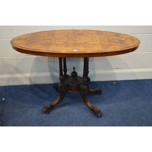 1305 - A LATE VICTORIAN BURR WALNUT OVAL TOPPED LOO TABLE, width 118cm x depth 65cm x height 72cm (detached... 