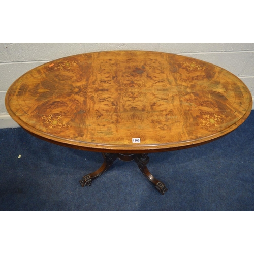 1305 - A LATE VICTORIAN BURR WALNUT OVAL TOPPED LOO TABLE, width 118cm x depth 65cm x height 72cm (detached... 