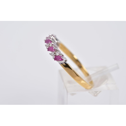 33 - AN 18CT GOLD RUBY AND DIAMOND HALF HOOP RING, designed with a row of titled rectangular cut rubies, ... 