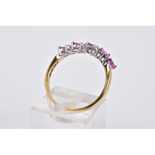 33 - AN 18CT GOLD RUBY AND DIAMOND HALF HOOP RING, designed with a row of titled rectangular cut rubies, ... 