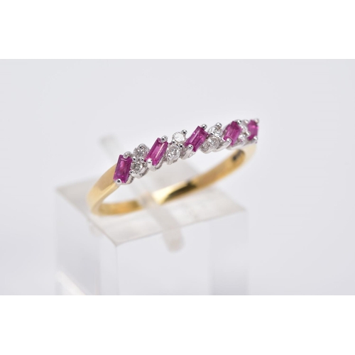 33 - AN 18CT GOLD RUBY AND DIAMOND HALF HOOP RING, designed with a row of titled rectangular cut rubies, ... 