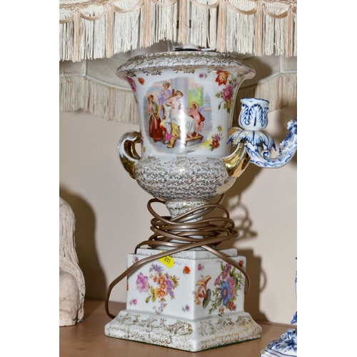 331 - A PAIR OF LATE 19TH CENTURY CONTINENTAL PORCELAIN TWIN HANDLED URNS ON PLINTH BASES, possibly Plaue ... 