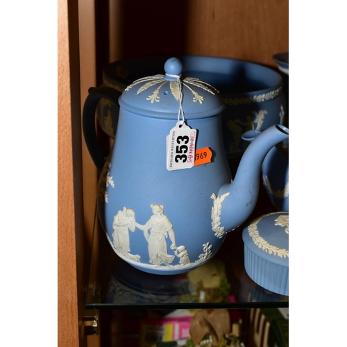 353 - FIVE PIECES OF WEDGWOOD PALE BLUE JASPERWARE, comprising a pear shaped coffee pot, a circular trinke... 