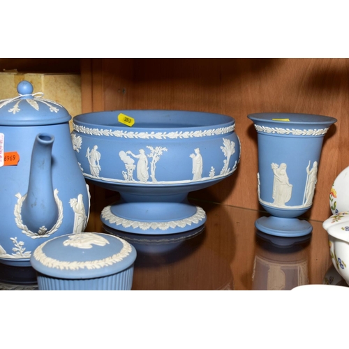 353 - FIVE PIECES OF WEDGWOOD PALE BLUE JASPERWARE, comprising a pear shaped coffee pot, a circular trinke... 