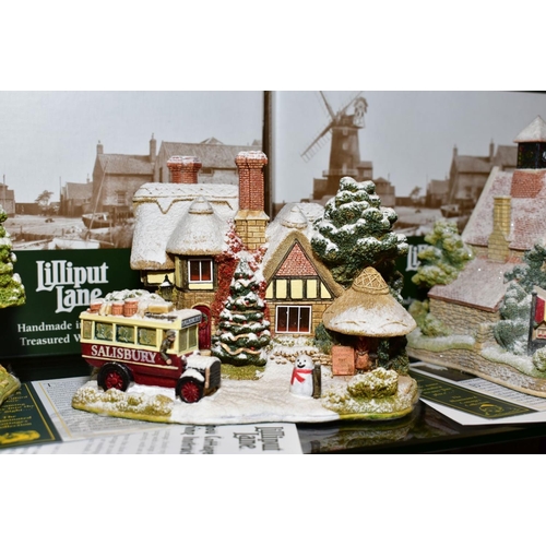 371 - FIVE BOXED ILLUMINATED LILLIPUT LANE SCULPTURES 'Lead Kindly Light in Winter' L2621, 'Christmas Time... 