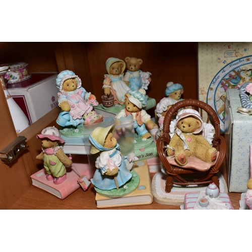 377 - A GROUP OF CHERISHED TEDDIES, to include a nursery rhyme stand, nine with boxes, 'Evelyn', 'Janet', ... 