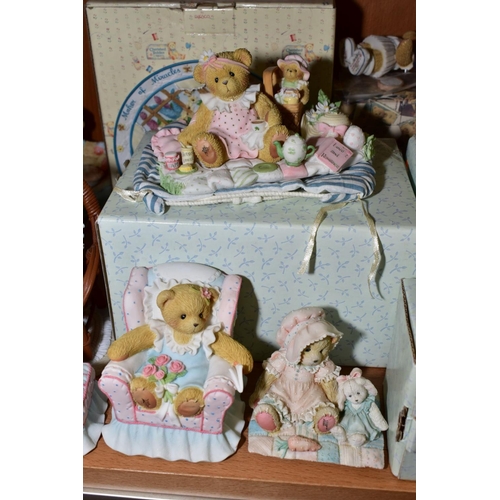 377 - A GROUP OF CHERISHED TEDDIES, to include a nursery rhyme stand, nine with boxes, 'Evelyn', 'Janet', ... 