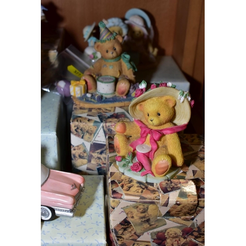 377 - A GROUP OF CHERISHED TEDDIES, to include a nursery rhyme stand, nine with boxes, 'Evelyn', 'Janet', ... 