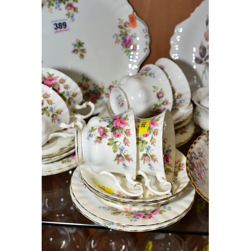 389 - ROYAL ALBERT 'MOSS ROSE' TEASET, comprising cake plate, milk jug (hairline), sugar bowl, six teacups... 