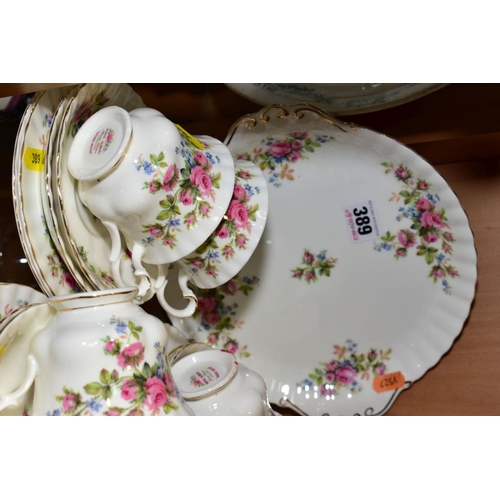 389 - ROYAL ALBERT 'MOSS ROSE' TEASET, comprising cake plate, milk jug (hairline), sugar bowl, six teacups... 