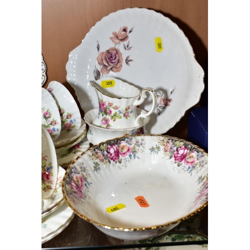 389 - ROYAL ALBERT 'MOSS ROSE' TEASET, comprising cake plate, milk jug (hairline), sugar bowl, six teacups... 