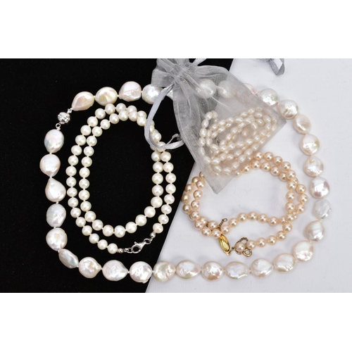 39 - A SELECTION OF CULTURED AND IMITATION PEARL STRAND NECKLACES, the first strand of small baroque shap... 