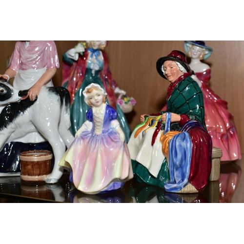 401 - FIVE ROYAL DOULTON FIGURES, 'Country Maid' HN3163, 'Lady Charmian' HN1948 (leaves broken), 'Silks an... 