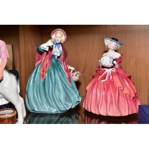 401 - FIVE ROYAL DOULTON FIGURES, 'Country Maid' HN3163, 'Lady Charmian' HN1948 (leaves broken), 'Silks an... 