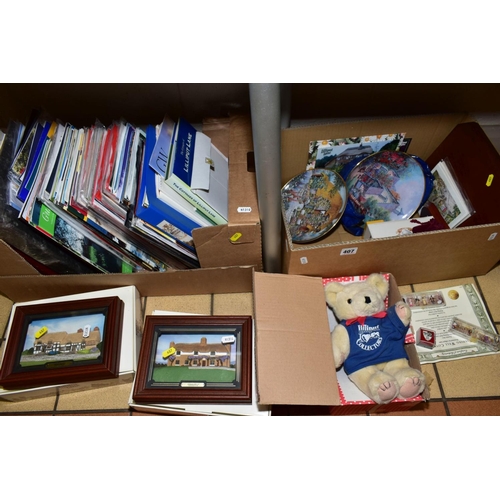 407 - TWO BOXES AND LOOSE LILLIPUT LANE RELATED ITEMS, to include Teddy Bear, collectors plates, postcards... 