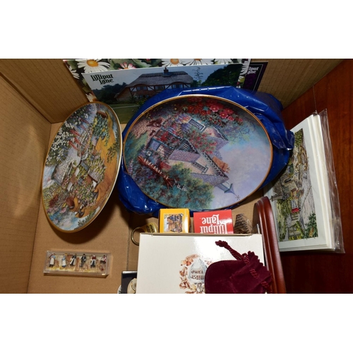 407 - TWO BOXES AND LOOSE LILLIPUT LANE RELATED ITEMS, to include Teddy Bear, collectors plates, postcards... 