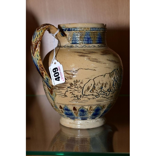 409 - HANNAH BOLTON BARLOW (1851-1916), a Doulton Lambeth stoneware jug, incised with horses and sheep, im... 