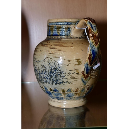 409 - HANNAH BOLTON BARLOW (1851-1916), a Doulton Lambeth stoneware jug, incised with horses and sheep, im... 