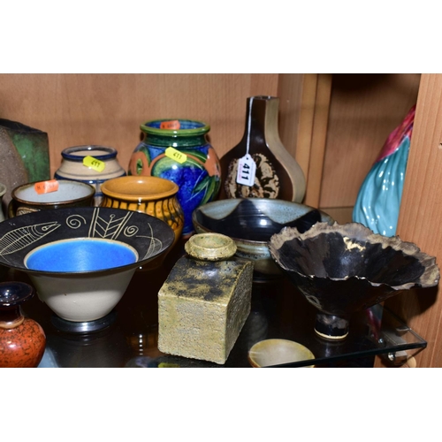 411 - A GROUP OF STUDIO POTTERY ITEMS, to include Michael John Haswell vase, monogram MJH and 1972 to base... 