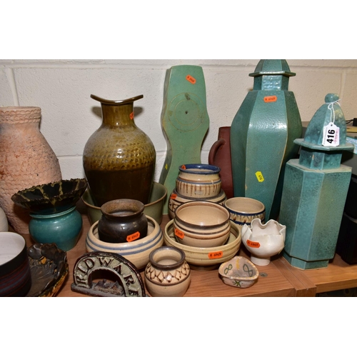 416 - A GROUP OF STUDIO POTTERY ITEMS, to include Michael John Haswell octagonal temple jars, green glaze ... 