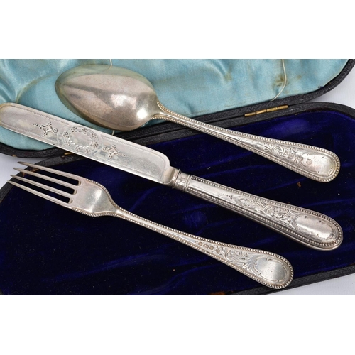 42 - A CASED SET OF SILVER CUTLERY, to include a three-piece set of floral  engraved beaded edge pattern ... 