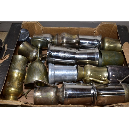 424 - A BOX OF LOOSE METALWARES, etc, to include tankards, spelter figure, light fittings etc