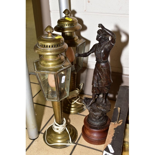 424 - A BOX OF LOOSE METALWARES, etc, to include tankards, spelter figure, light fittings etc