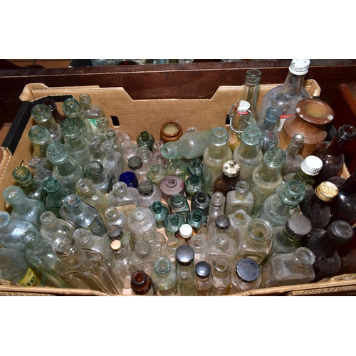 427 - TWO BOXES OF VINTAGE GLASS BOTTLES AND JARS, including a small quantity of stoneware items, some exa... 