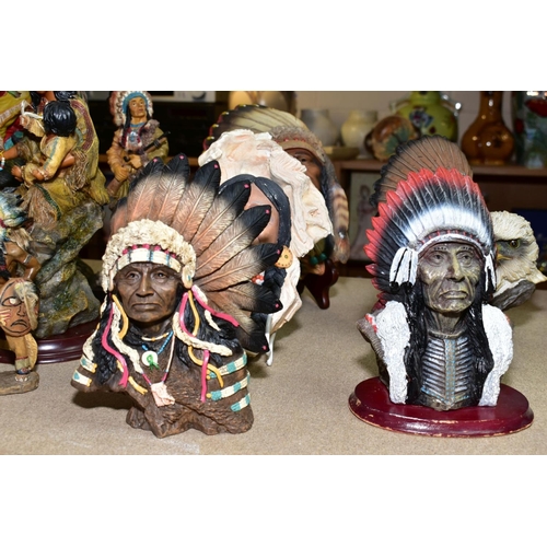 429 - FIFTEEN RESIN AND PLASTER FIGURES AND WALL MASKS OF NATIVE AMERICAN INDIANS, ETC, including pieces f... 