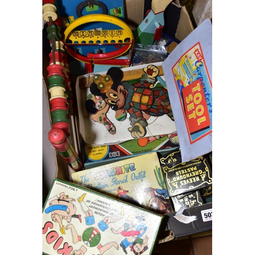 503 - A QUANTITY OF ASSORTED VINTAGE TOYS AND GAMES, mainly 1950's, to include tinplate Kay Loop-La game (... 