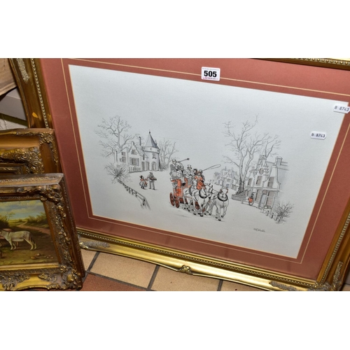 505 - AN INK AND WATERCOLOUR WASH CONTINENTAL WINTER COACHING SCENE, signed M R Winkle, mounted, framed an... 