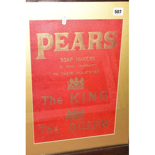 507 - A MORROCAN LEATHER PEARS SOAP ADVERTISING PANEL, mounted, oak, framed and glazed, approximate size 4... 