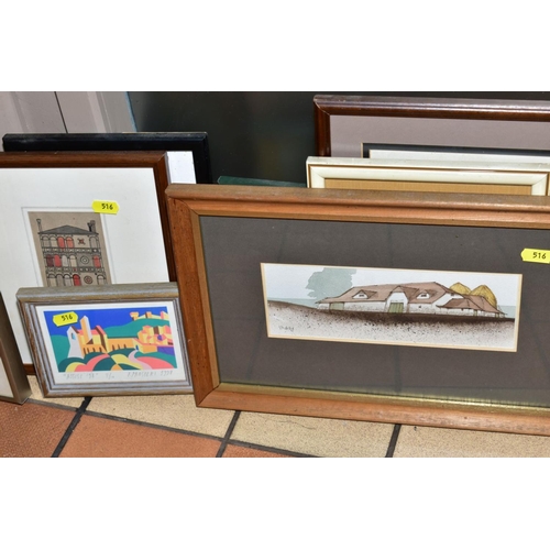 516 - PAINTINGS AND PRINTS ETC, to include J.Wingate watercolour of barges on a continental river, framed,... 