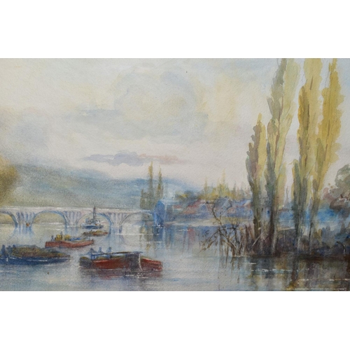 516 - PAINTINGS AND PRINTS ETC, to include J.Wingate watercolour of barges on a continental river, framed,... 