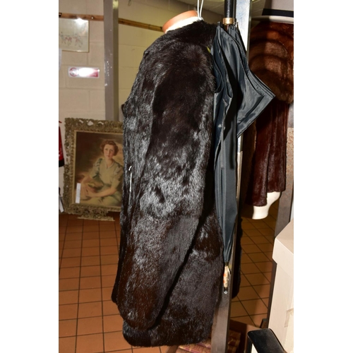 520 - A LADIES FRENCH RABBIT FUR COAT, bears size 16 tag to acetate lined interior, together with a black ... 