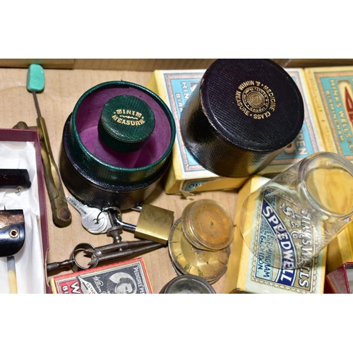 529 - A BOX OF BOXED HINKS, WELLS & CO PEN NIBS, a cased medicine glass and minim measure, five pocket/fob... 