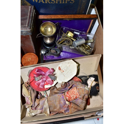 545 - A BOX OF COLLECTABLES, including cast iron fire plaque, miscellaneous trade and cigarette cards, a c... 